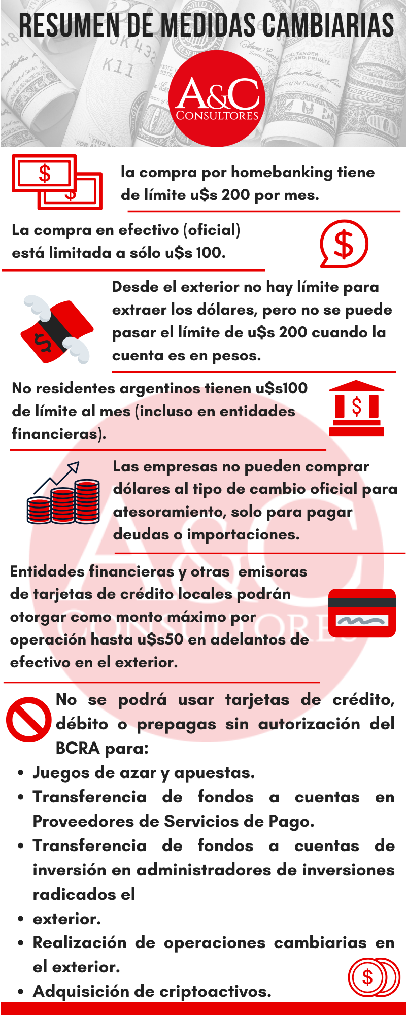 Les presentamos una infografía que resume brevemente los límites que estableció el Banco Central de la República Argentina para la compra de dólares.